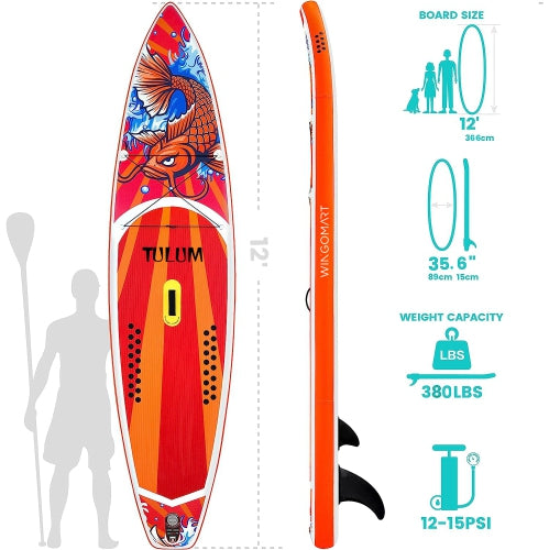 WINGOMART XL 12FT Inflatable Stand up Paddle Board w/Premium SUP Accessories & Carry Bag |upgraded paddle boards w/ 3 Fish Fin for Paddling |Up to 2 Person / 380LB -Tulum Edition