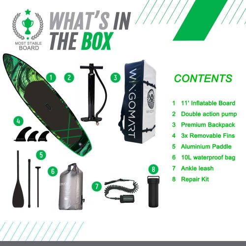 GREEN EMERALD 11FT x 33" Super Wide Inflatable Stand Up Paddle Board, Ultra Stable Wide SUP Up to 2 people/375LB Fully equipped w/ Premium SUP Accessories