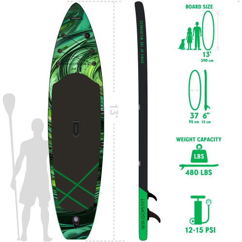 GREEN EMERALD 13FT x 37" Mega Wide Inflatable Stand Up Paddle Board, Ultra Stable Wide SUP Up to 3 people/480LB Fully equipped w/ Premium SUP Accessories