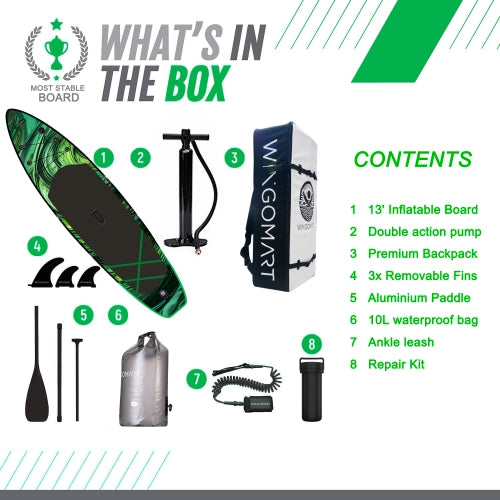 GREEN EMERALD 13FT x 37" Mega Wide Inflatable Stand Up Paddle Board, Ultra Stable Wide SUP Up to 3 people/480LB Fully equipped w/ Premium SUP Accessories