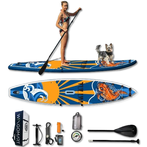 WINGOMART XL 12FT Inflatable Stand up Paddle Board w/Premium SUP Accessories & Carry Bag |upgraded paddle boards w/ 3 Fish Fin for Paddling |Up to 2 Person / 380LB -Tulum Edition