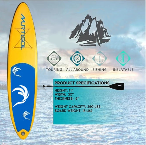 11FT Inflatable Stand up Paddle Board Ultra-Thick Durable PVC w/Premium SUP Accessories & Carry Bag |upgraded paddle boards w/ 3 Fish Fin for Paddling |Up to 350LB