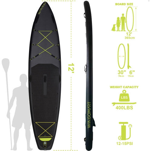 ELITE BLACK XXL 12FT Inflatable Stand up Paddle Board 12'x30"x6"Premium Accessories &Carry Bag| paddle boards w/ 3Fish Fin for Paddling |1-2Person Up to 400lb, 365cm SUP Board