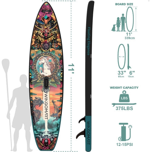 WINGOMART 11FT x 33" Super Wide Inflatable Stand Up Paddle Board, Ultra Stable Wide SUP Up to 2 people/375LB Fully equipped w/ Premium SUP Accessories -MAJESTY EDITION
