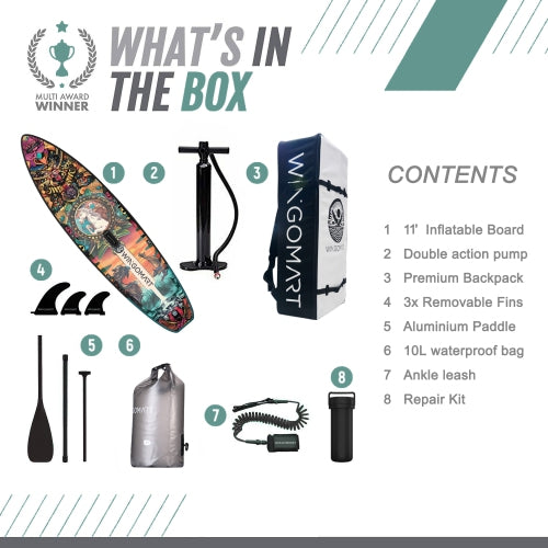 WINGOMART 11FT x 33" Super Wide Inflatable Stand Up Paddle Board, Ultra Stable Wide SUP Up to 2 people/375LB Fully equipped w/ Premium SUP Accessories -MAJESTY EDITION