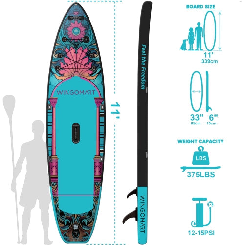 WINGOMART 11FT x 33" Super Wide Inflatable Stand Up Paddle Board, Ultra Stable Wide SUP Up to 2 people/375LB Fully equipped w/ Premium SUP Accessories -MAJESTY EDITION