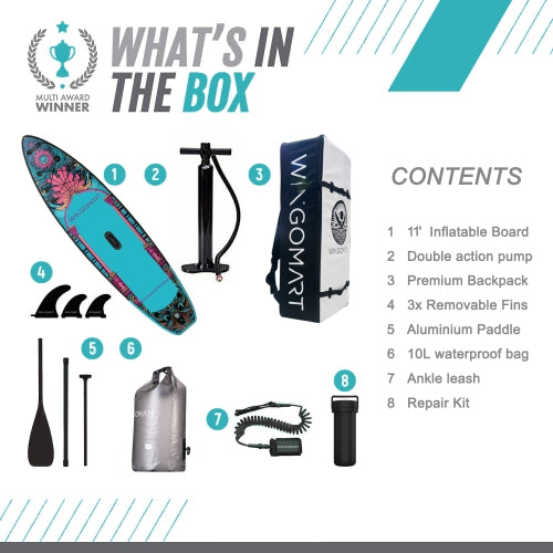 WINGOMART 11FT x 33" Super Wide Inflatable Stand Up Paddle Board, Ultra Stable Wide SUP Up to 2 people/375LB Fully equipped w/ Premium SUP Accessories -MAJESTY EDITION