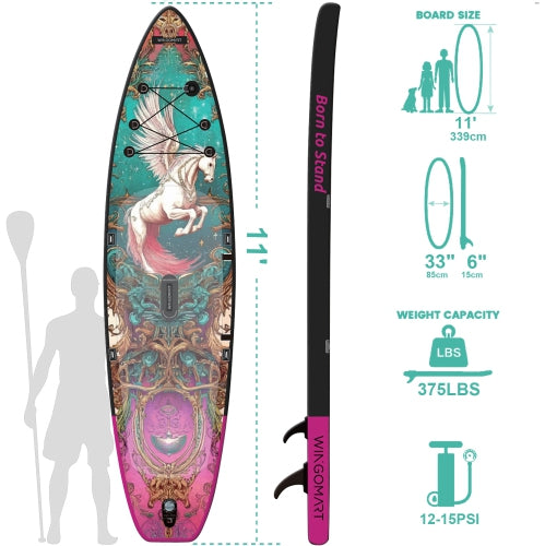 WINGOMART 11FT x 33" Super Wide Inflatable Stand Up Paddle Board, Ultra Stable Wide SUP Up to 2 people/375LB Fully equipped w/ Premium SUP Accessories -MAJESTY EDITION