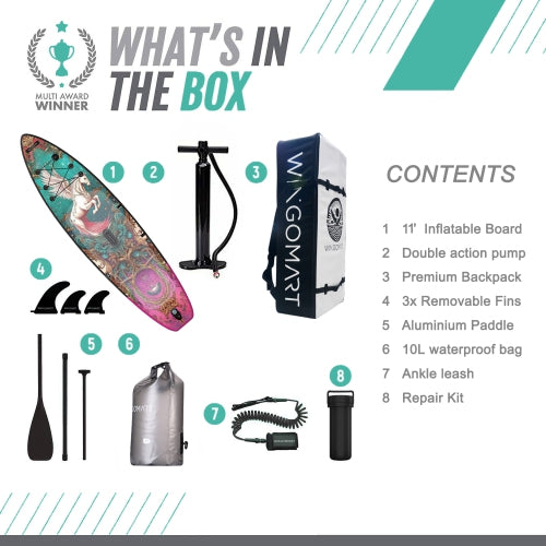 WINGOMART 11FT x 33" Super Wide Inflatable Stand Up Paddle Board, Ultra Stable Wide SUP Up to 2 people/375LB Fully equipped w/ Premium SUP Accessories -MAJESTY EDITION