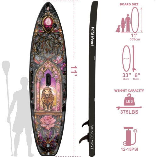 WINGOMART 11FT x 33" Super Wide Inflatable Stand Up Paddle Board, Ultra Stable Wide SUP Up to 2 people/375LB Fully equipped w/ Premium SUP Accessories -MAJESTY EDITION
