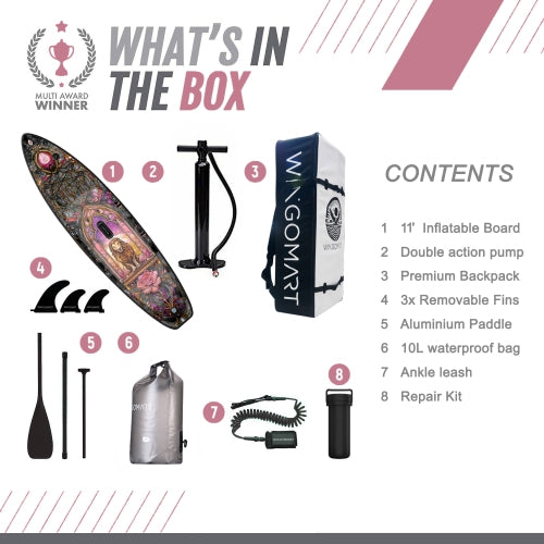 WINGOMART 11FT x 33" Super Wide Inflatable Stand Up Paddle Board, Ultra Stable Wide SUP Up to 2 people/375LB Fully equipped w/ Premium SUP Accessories -MAJESTY EDITION