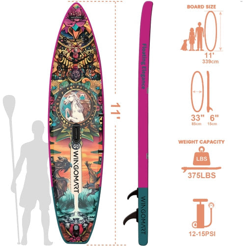 WINGOMART 11FT x 33" Super Wide Inflatable Stand Up Paddle Board, Ultra Stable Wide SUP Up to 2 people/375LB Fully equipped w/ Premium SUP Accessories -MAJESTY EDITION