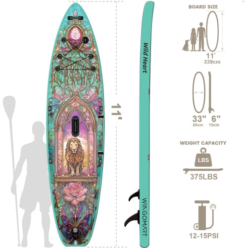 WINGOMART 11FT x 33" Super Wide Inflatable Stand Up Paddle Board, Ultra Stable Wide SUP Up to 2 people/375LB Fully equipped w/ Premium SUP Accessories -MAJESTY EDITION