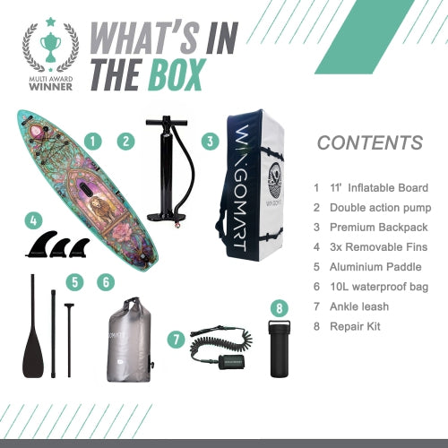 WINGOMART 11FT x 33" Super Wide Inflatable Stand Up Paddle Board, Ultra Stable Wide SUP Up to 2 people/375LB Fully equipped w/ Premium SUP Accessories -MAJESTY EDITION