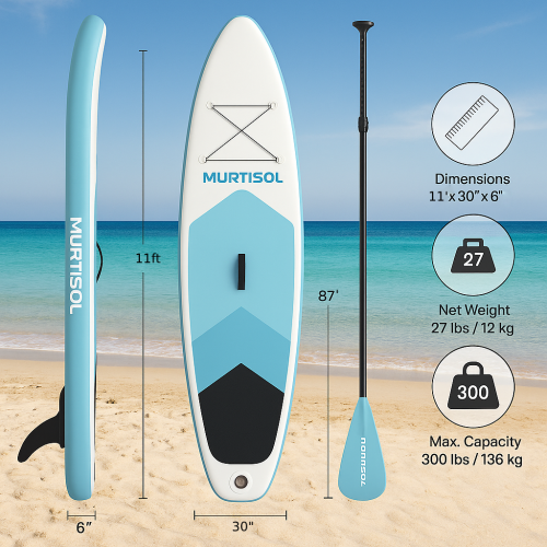 11FT Inflatable Stand up Paddle Board Ultra-Thick Durable PVC w/Premium SUP Accessories & Carry Bag |upgraded paddle boards w/ 3 Fish Fin for Paddling |Up to 300LB