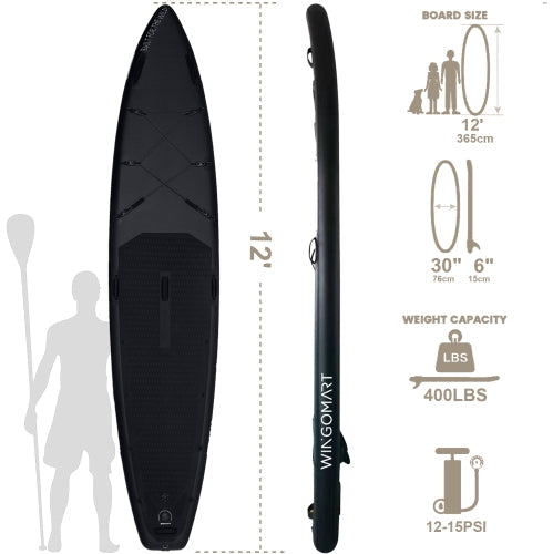 ELITE BLACK XXL 12FT Inflatable Stand up Paddle Board 12'x30"x6"Premium Accessories &Carry Bag| paddle boards w/ 3Fish Fin |1-2Person Up to 400lb, 365cm SUP Board W/ kayak seat