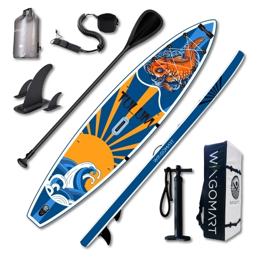 WINGOMART XL 12FT Inflatable Stand up Paddle Board w/Premium SUP Accessories & Carry Bag |upgraded paddle boards w/ 3 Fish Fin for Paddling |Up to 2 Person / 380LB -Tulum Edition on the water