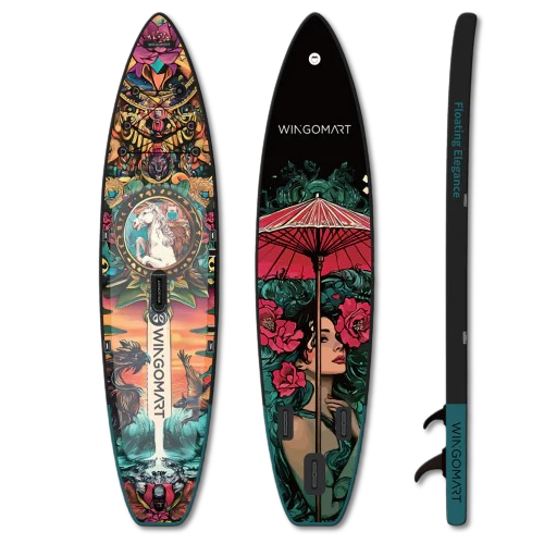 WINGOMART 11FT x 33" Super Wide Inflatable Stand Up Paddle Board, Ultra Stable Wide SUP Up to 2 people/375LB Fully equipped w/ Premium SUP Accessories -MAJESTY EDITION on the water