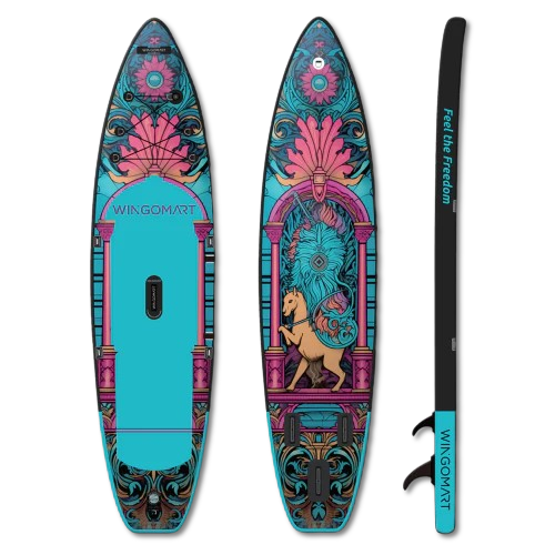 WINGOMART 11FT x 33" Super Wide Inflatable Stand Up Paddle Board, Ultra Stable Wide SUP Up to 2 people/375LB Fully equipped w/ Premium SUP Accessories -MAJESTY EDITION on the water