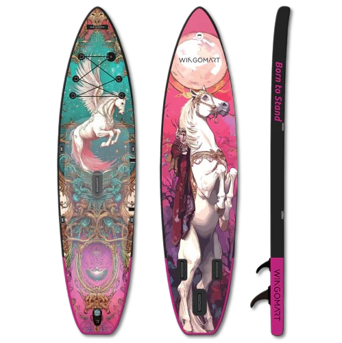 WINGOMART 11FT x 33" Super Wide Inflatable Stand Up Paddle Board, Ultra Stable Wide SUP Up to 2 people/375LB Fully equipped w/ Premium SUP Accessories -MAJESTY EDITION on the water
