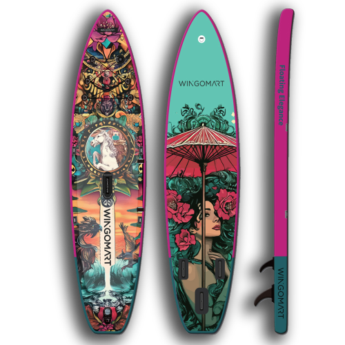 WINGOMART 11FT x 33" Super Wide Inflatable Stand Up Paddle Board, Ultra Stable Wide SUP Up to 2 people/375LB Fully equipped w/ Premium SUP Accessories -MAJESTY EDITION on the water