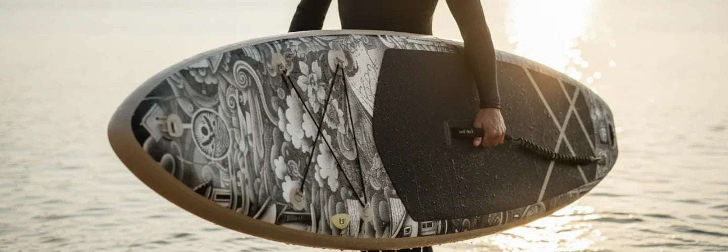 Carrying a WINGOMART paddle board at golden hour